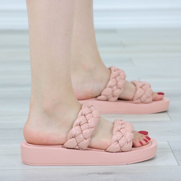 Open Toe Flip Flops Slide Sandal Faux Leather Braided Straps Slipper Slip On - Picture 10 of 13